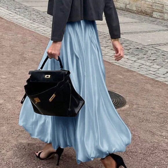 Dusty Blue Casual Women's Long Low Waist Flowy Elegant Skirt - Picture 6 of 11